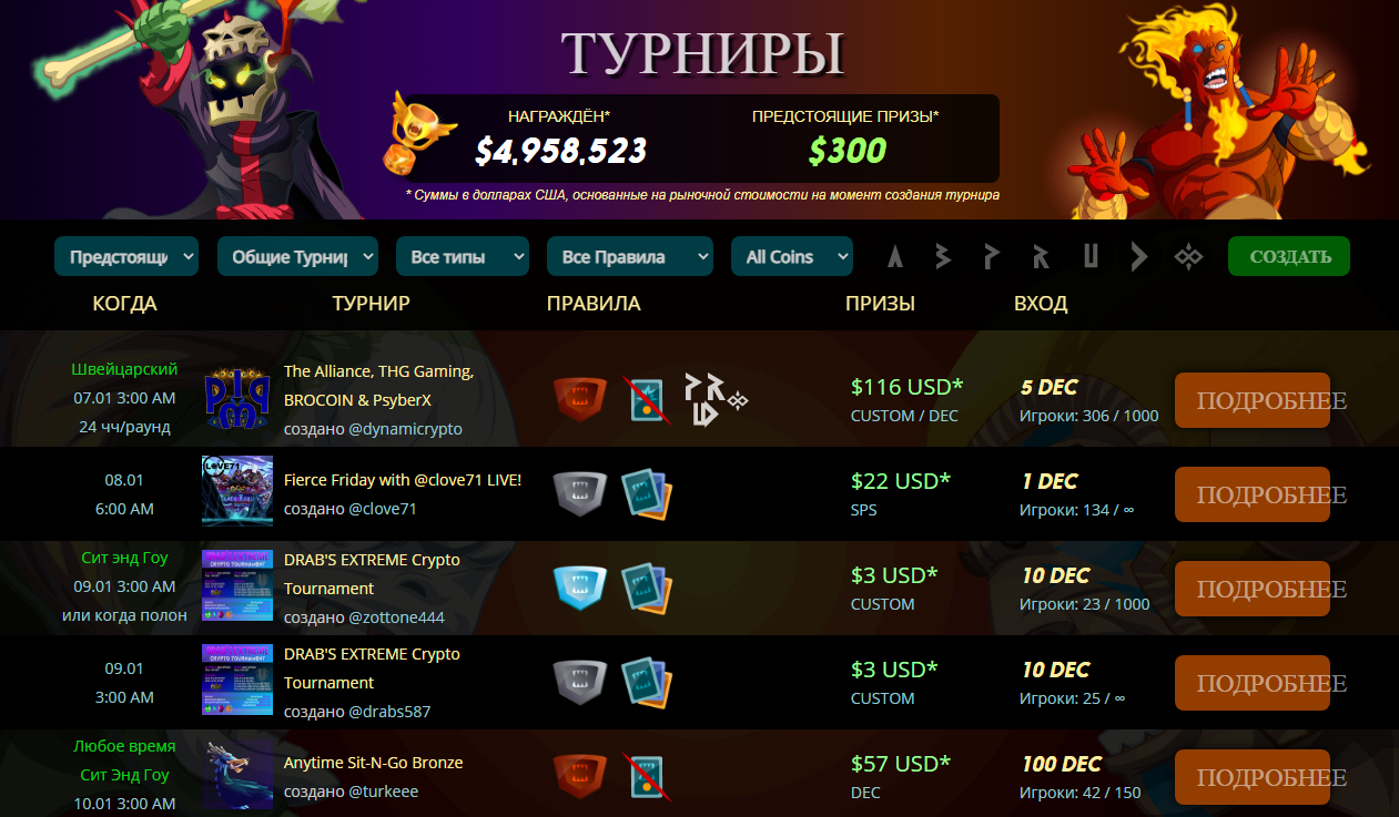 Участие в турнирах Splinterlands