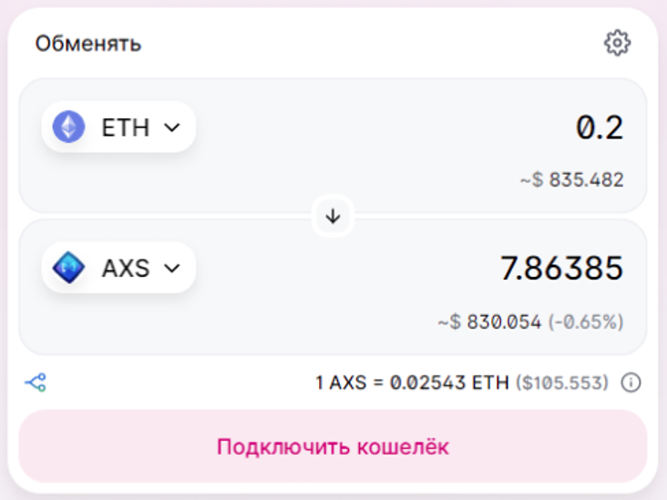 eth на axs обмен токенов